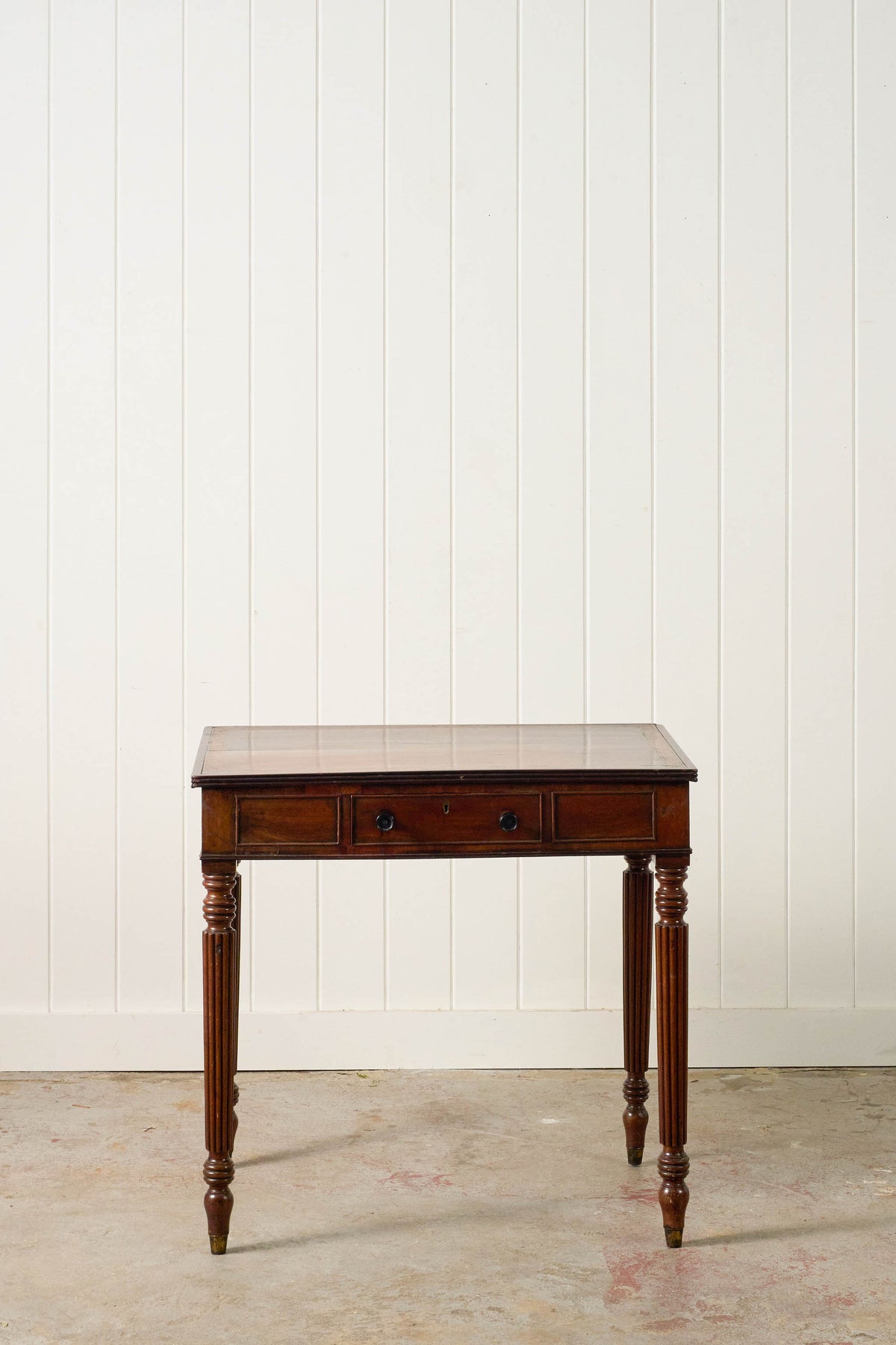 19th Century English Mahogany Single Drawer Writing Table with Inlay Top + Fluted Legs