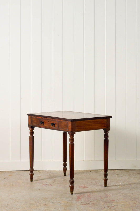 19th Century English Mahogany Single Drawer Writing Table with Inlay Top + Fluted Legs