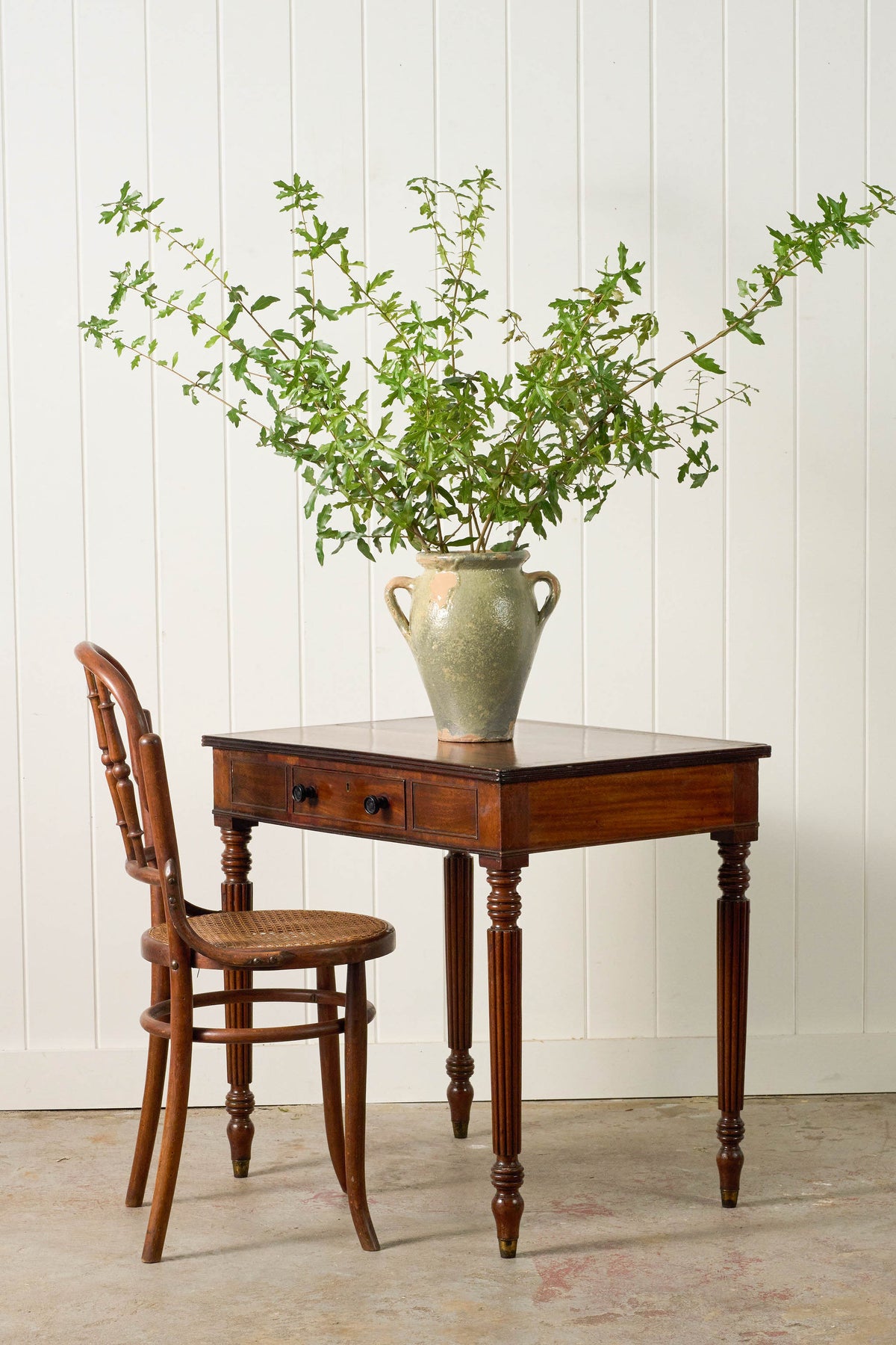 19th Century English Mahogany Single Drawer Writing Table with Inlay Top + Fluted Legs