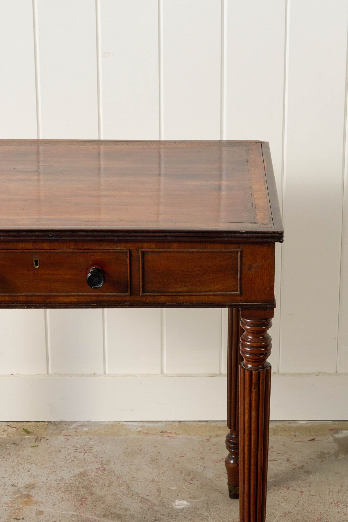 19th Century English Mahogany Single Drawer Writing Table with Inlay Top + Fluted Legs