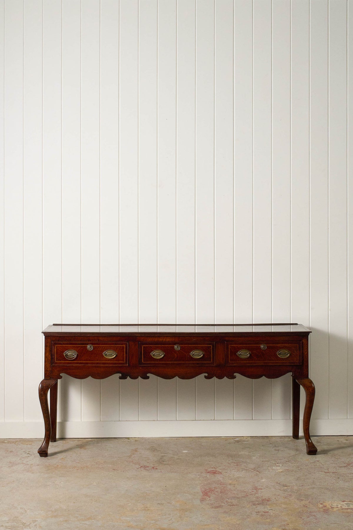 19th Century Welsh Inlay Oak Dresser Base with Scalloped Apron + Plate Rack