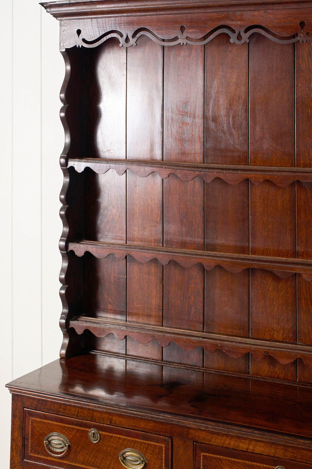 19th Century Welsh Inlay Oak Dresser Base with Scalloped Apron + Plate Rack