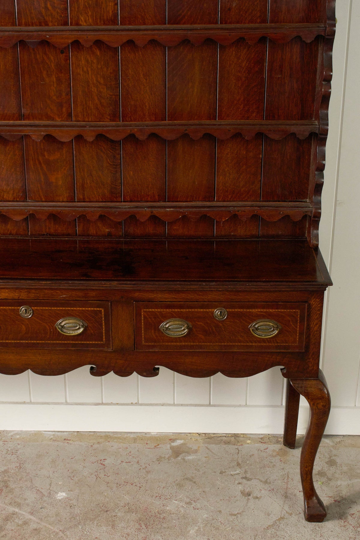 19th Century Welsh Inlay Oak Dresser Base with Scalloped Apron + Plate Rack