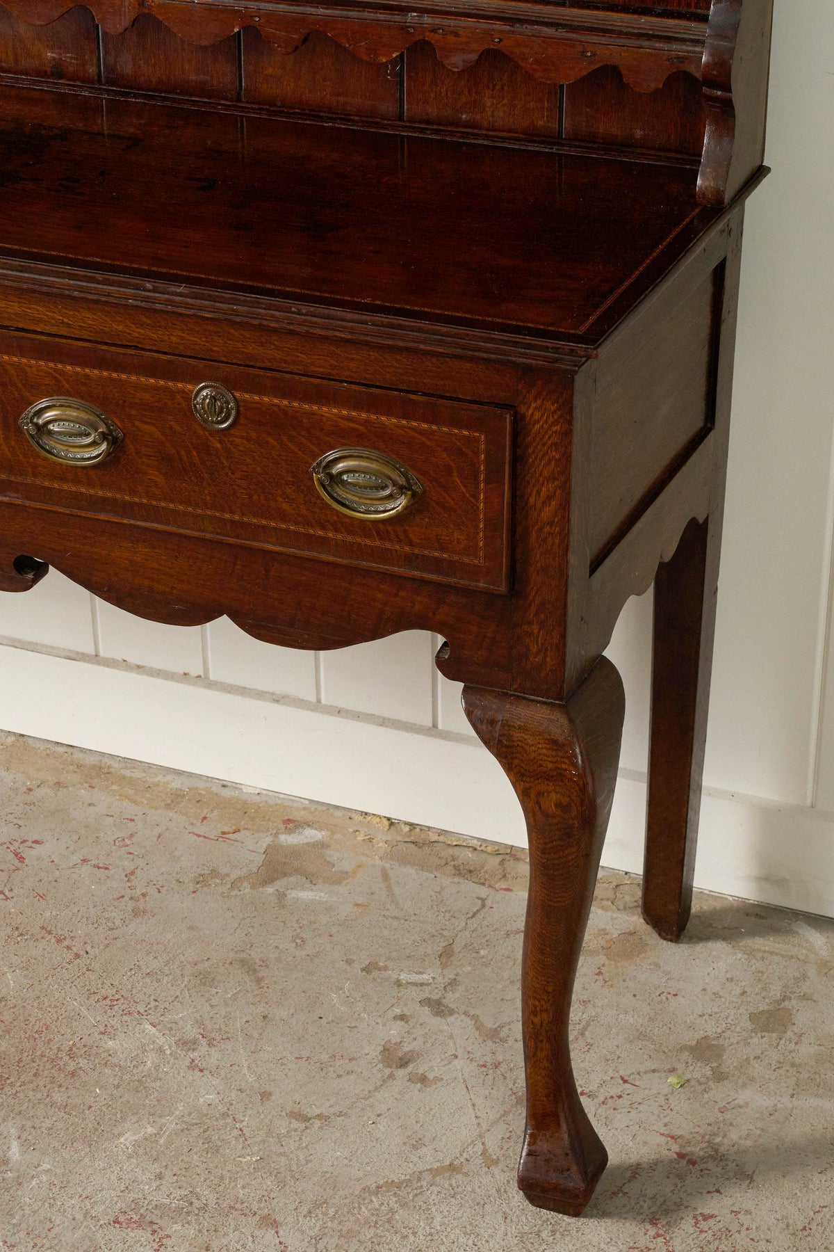 19th Century Welsh Inlay Oak Dresser Base with Scalloped Apron + Plate Rack