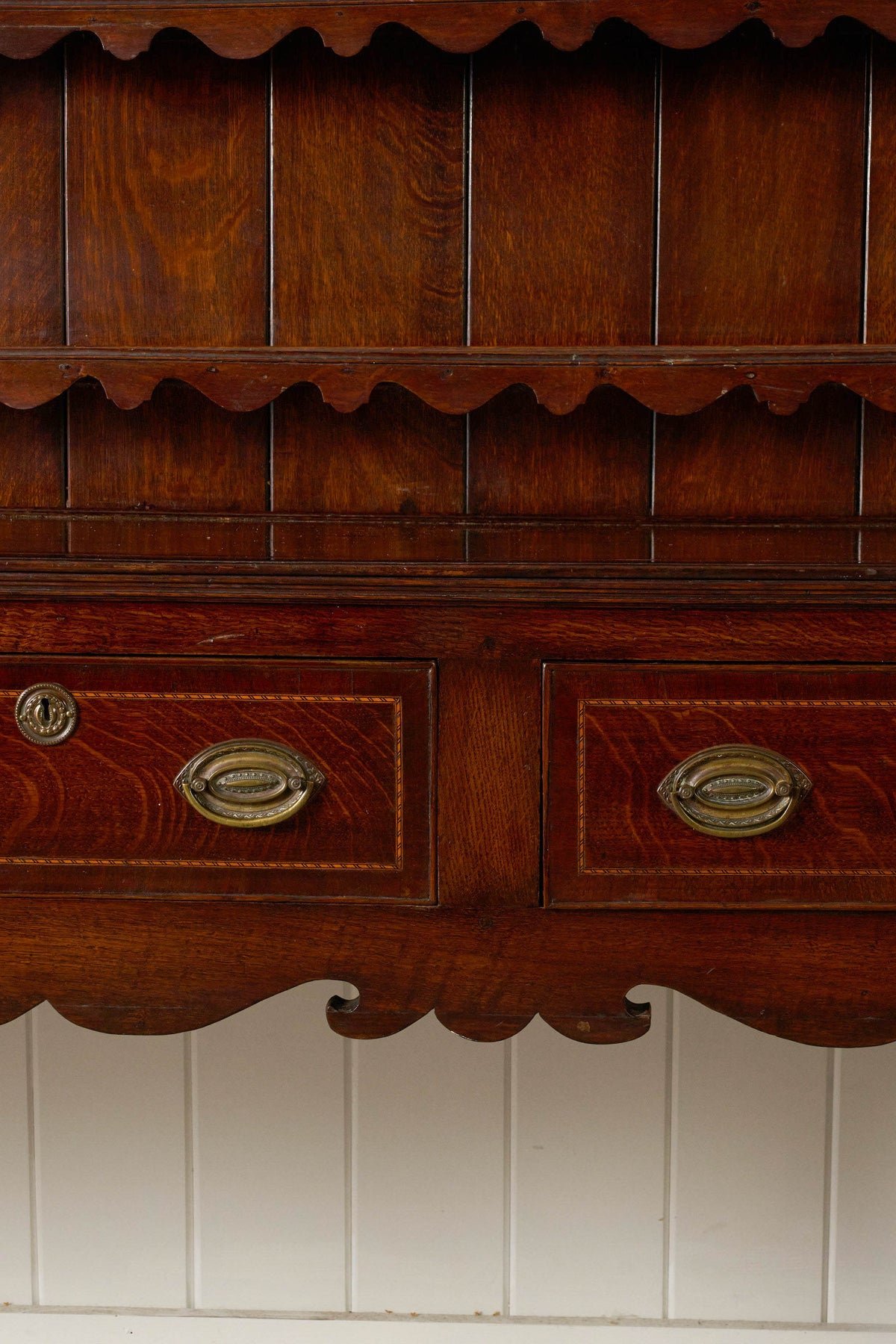 19th Century Welsh Inlay Oak Dresser Base with Scalloped Apron + Plate Rack