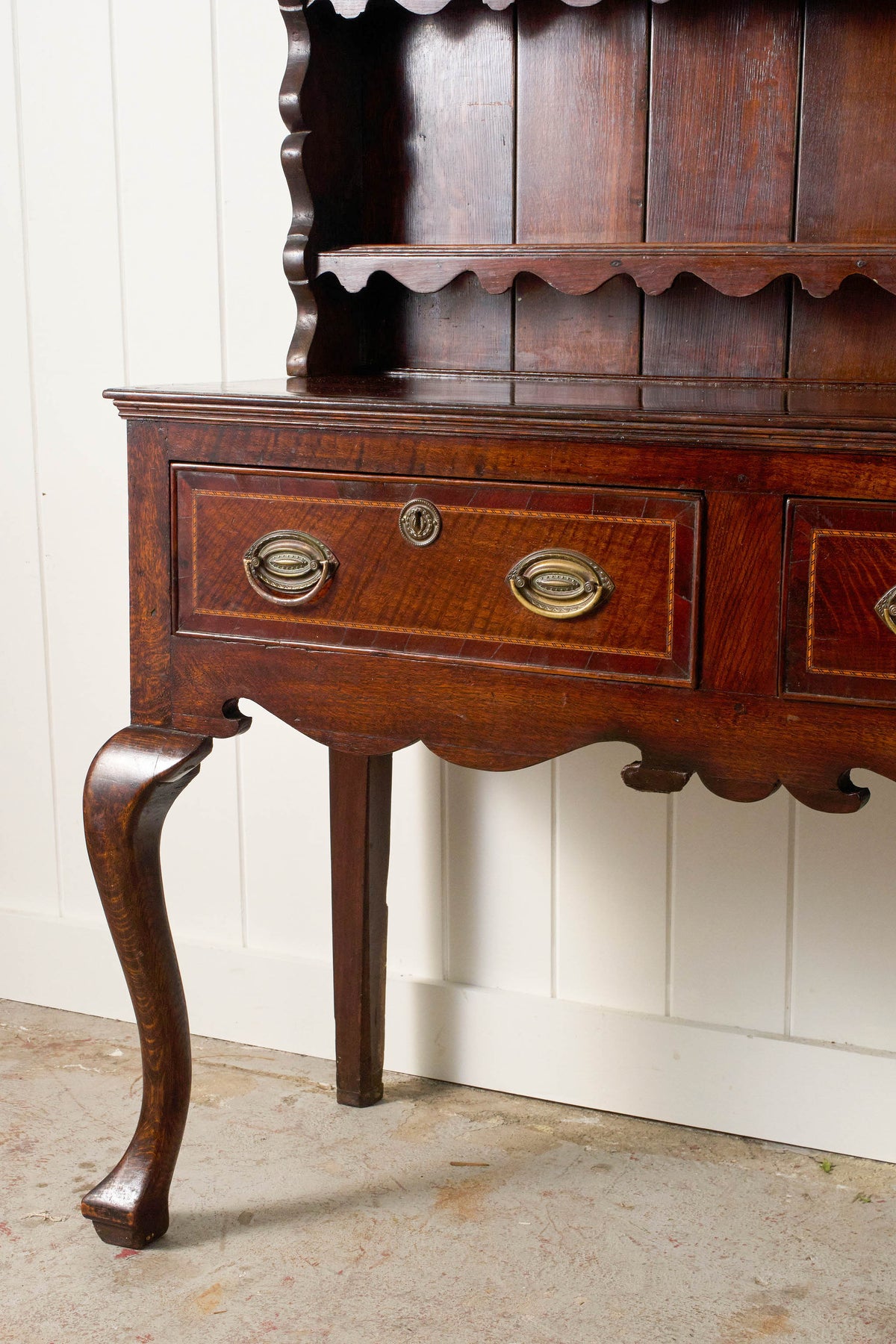 19th Century Welsh Inlay Oak Dresser Base with Scalloped Apron + Plate Rack