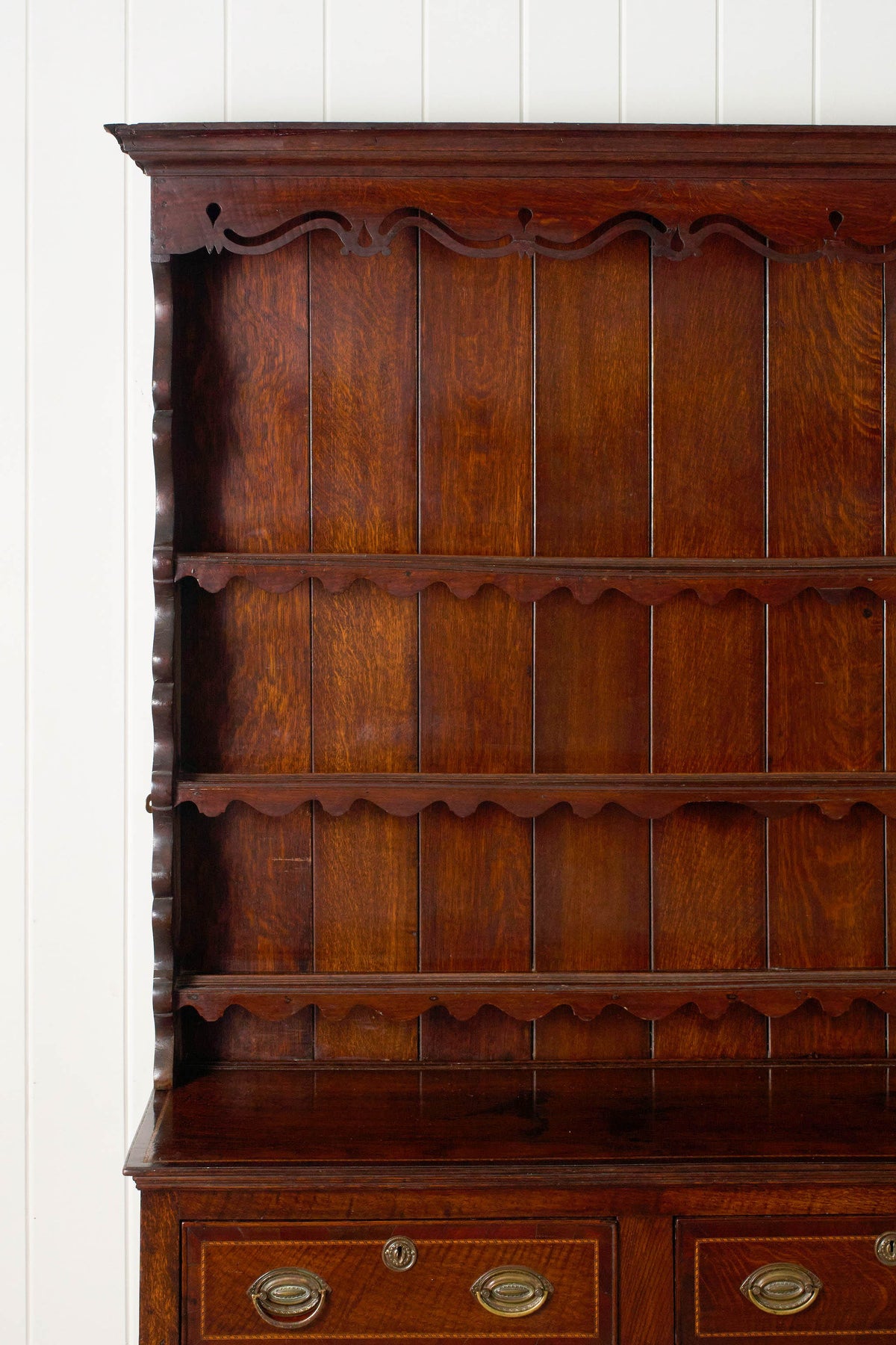 19th Century Welsh Inlay Oak Dresser Base with Scalloped Apron + Plate Rack