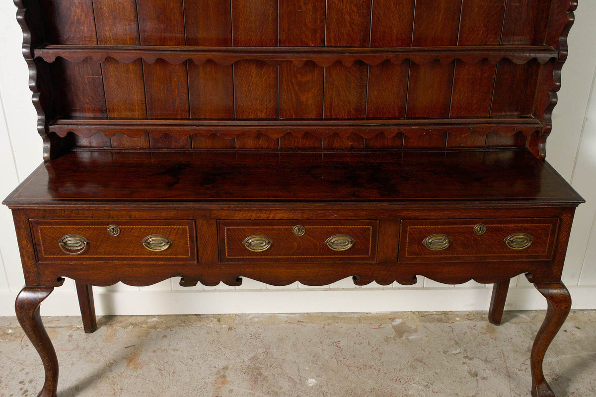 19th Century Welsh Inlay Oak Dresser Base with Scalloped Apron + Plate Rack