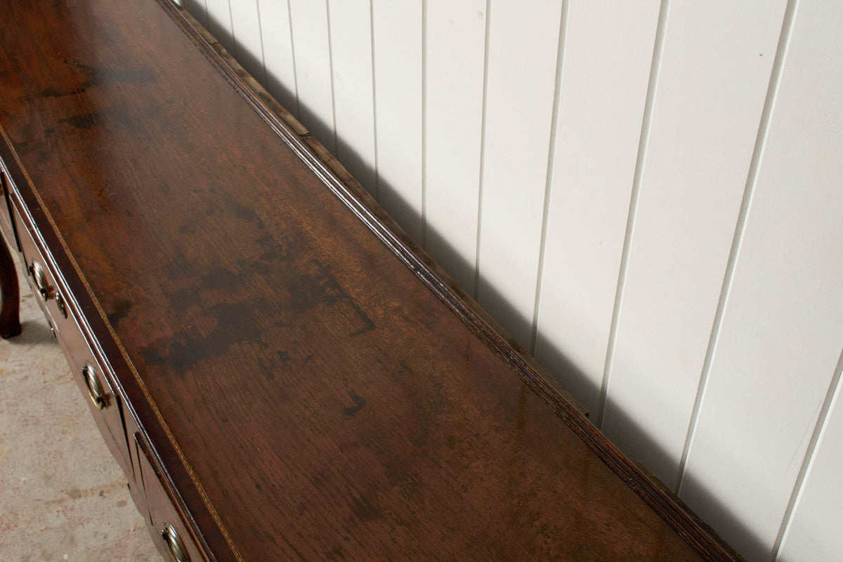 19th Century Welsh Inlay Oak Dresser Base with Scalloped Apron + Plate Rack