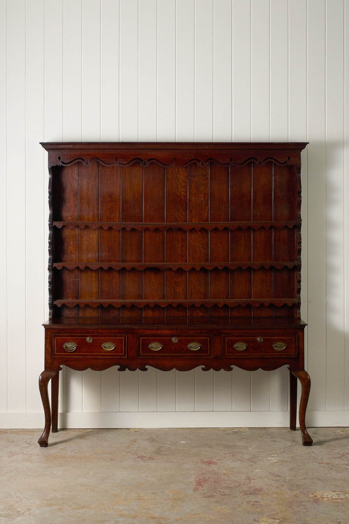 19th Century Welsh Inlay Oak Dresser Base with Scalloped Apron + Plate Rack