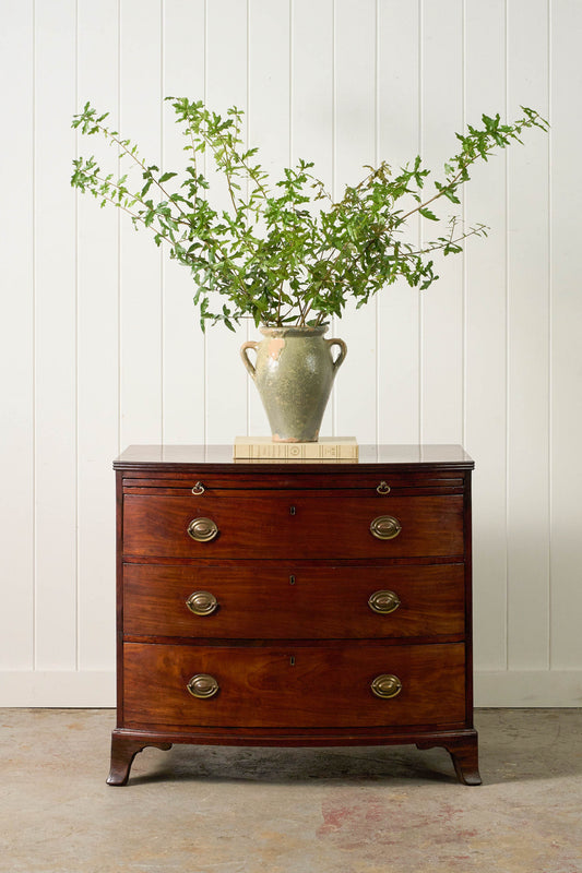 19th Century English Mahogany Bowfront 3-Drawer Chest with Brushing Slide