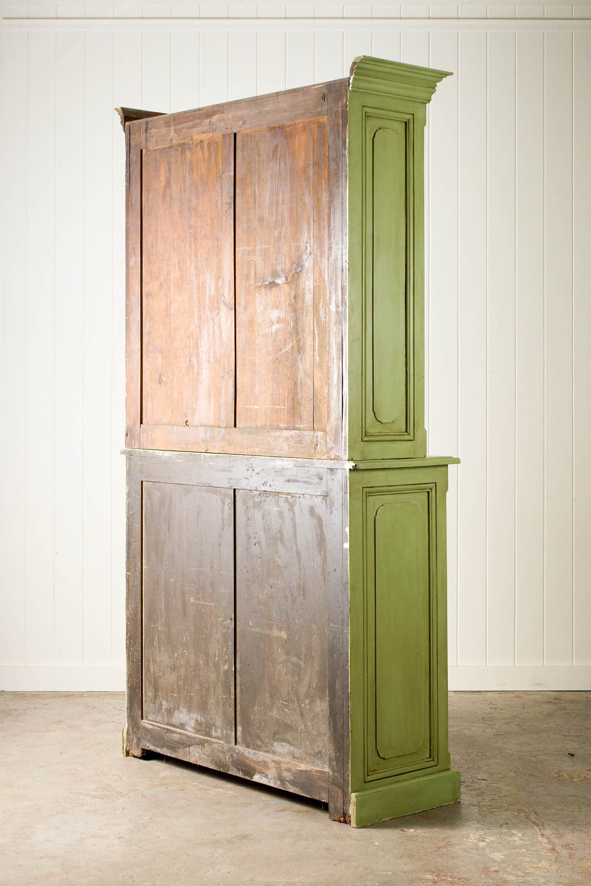 Antique English Mahogany Glass Front Cupboard with Original Glass; Later Painted Green