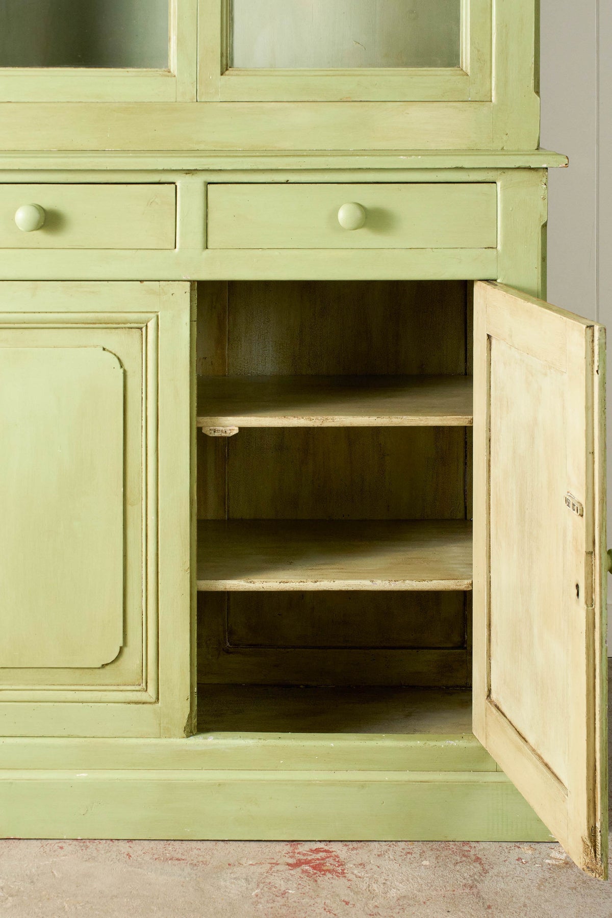 Antique English Mahogany Glass Front Cupboard with Original Glass; Later Painted Green