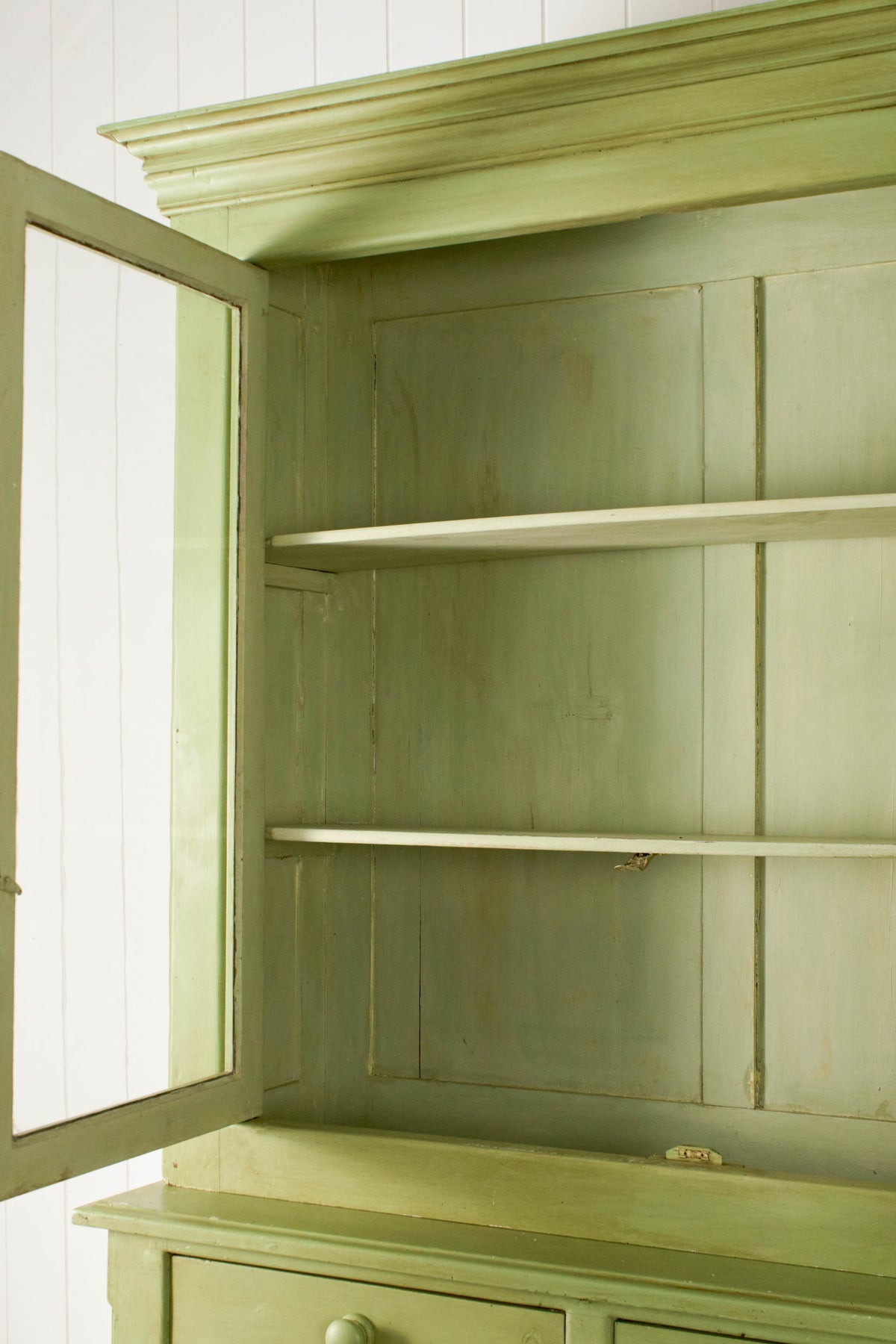 Antique English Mahogany Glass Front Cupboard with Original Glass; Later Painted Green