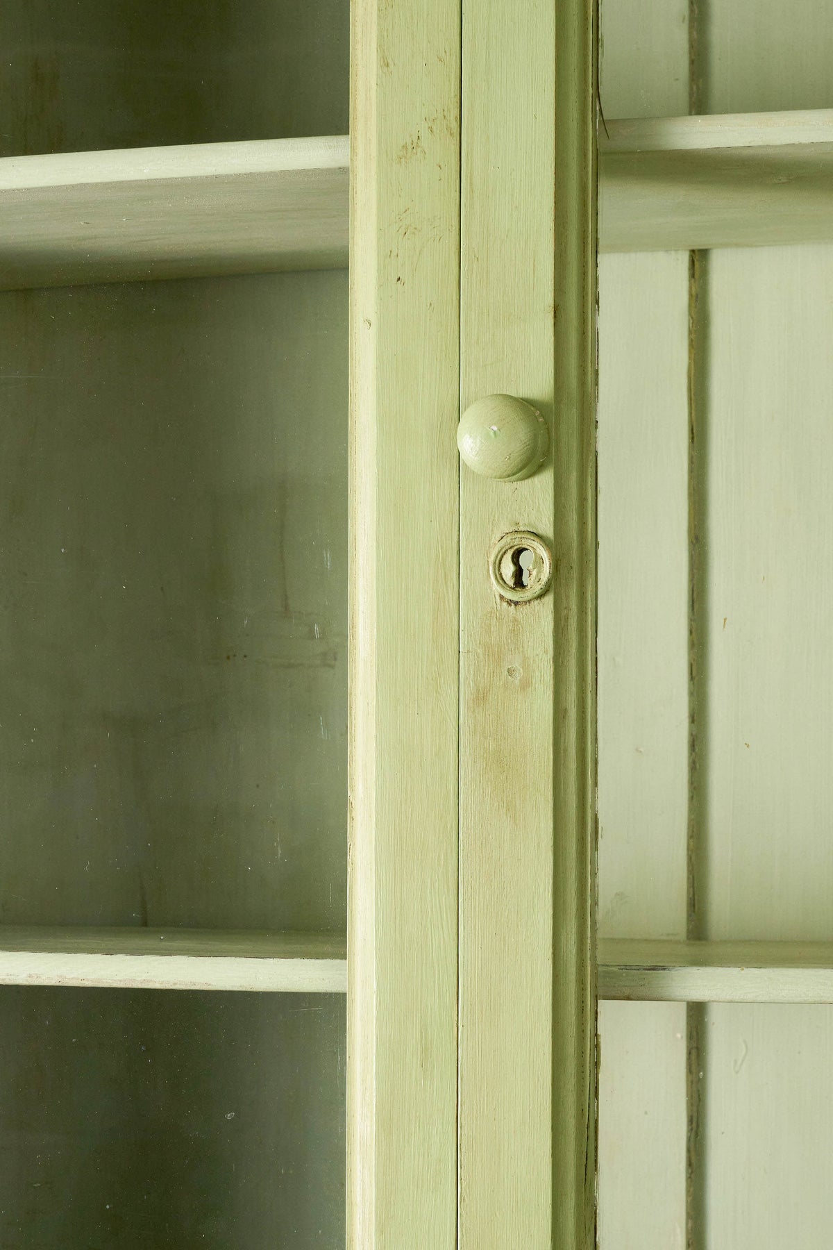 Antique English Mahogany Glass Front Cupboard with Original Glass; Later Painted Green