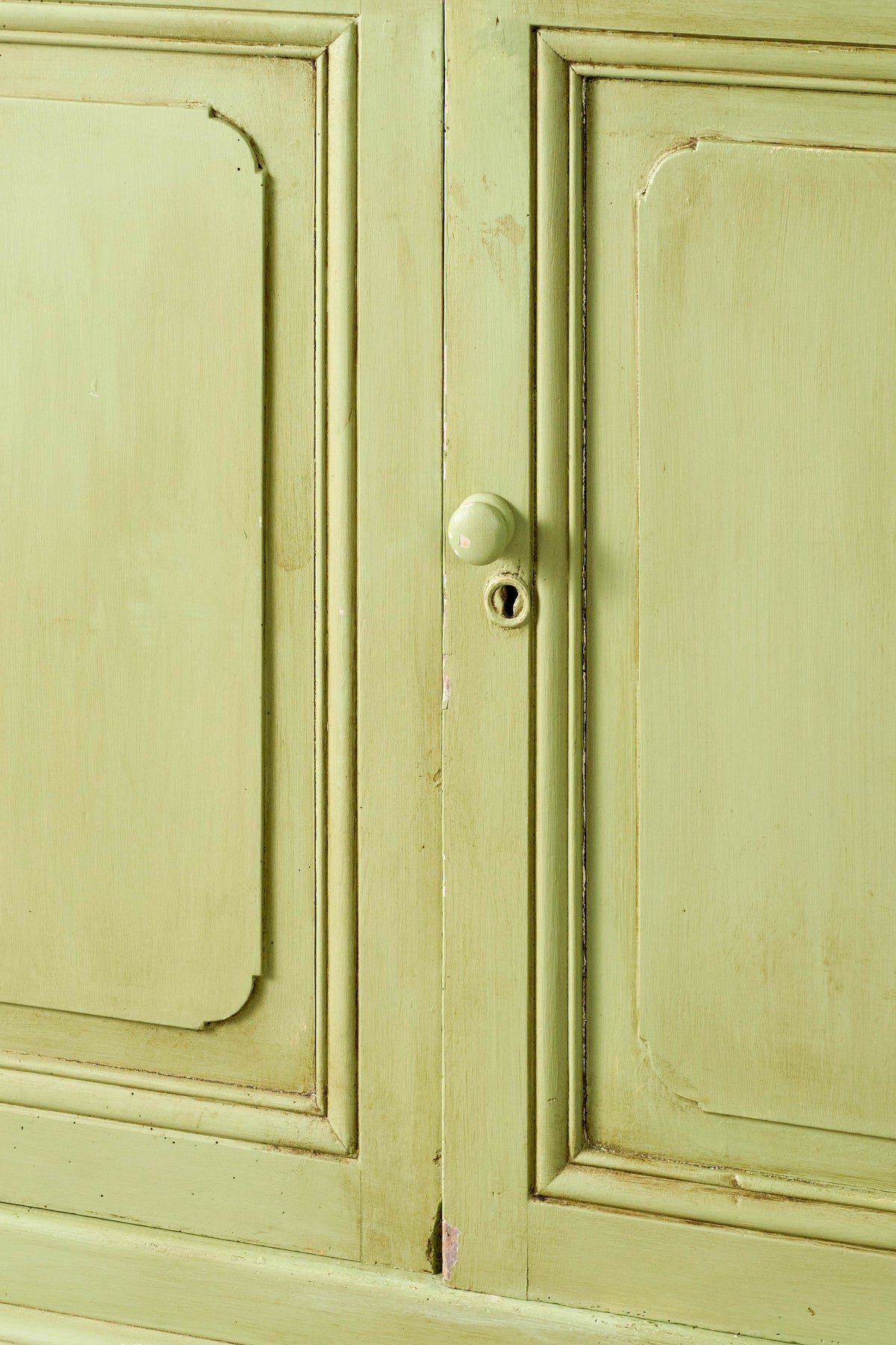 Antique English Mahogany Glass Front Cupboard with Original Glass; Later Painted Green