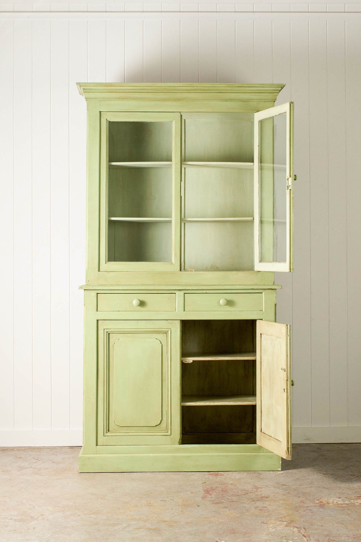 Antique English Mahogany Glass Front Cupboard with Original Glass; Later Painted Green
