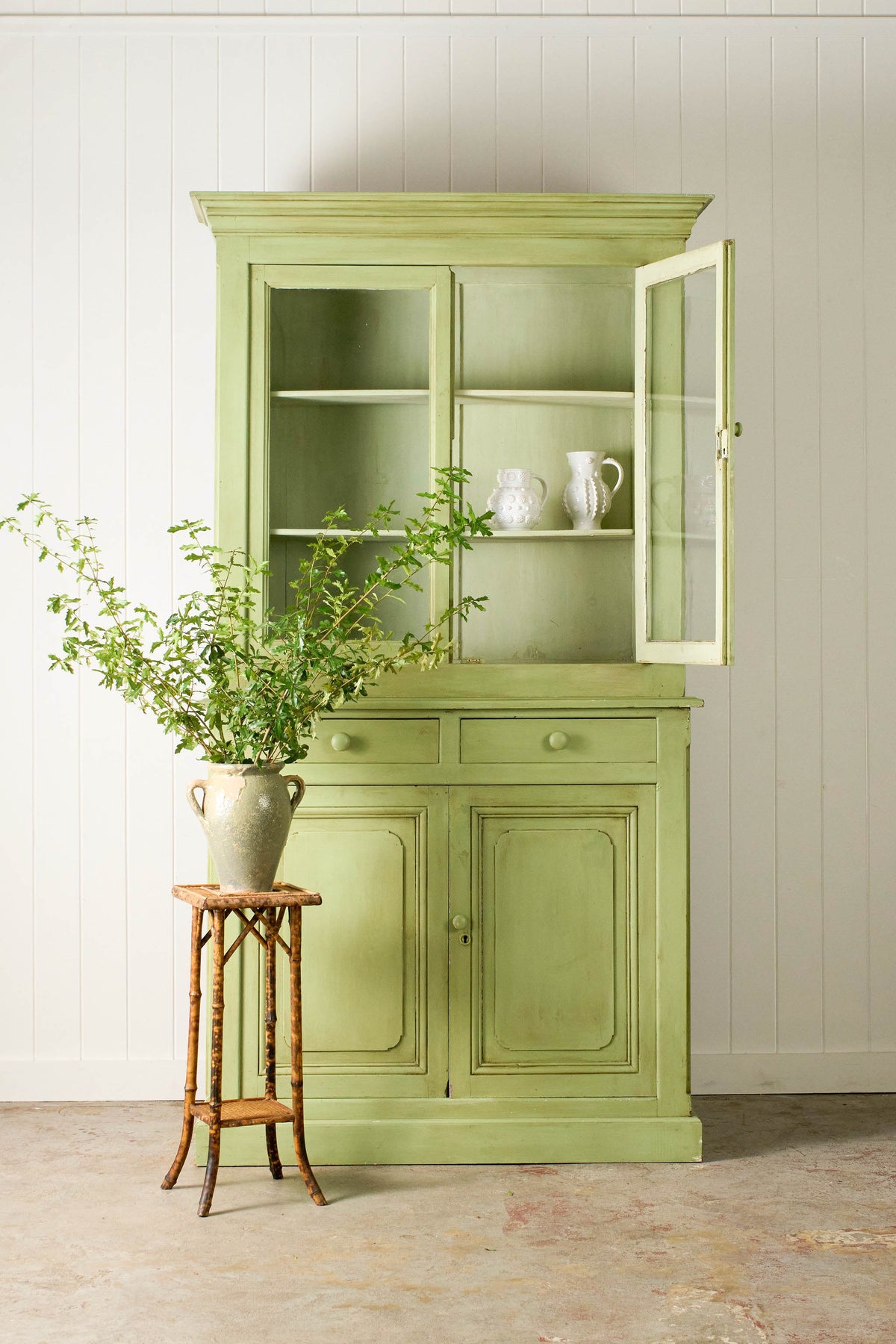 Antique English Mahogany Glass Front Cupboard with Original Glass; Later Painted Green
