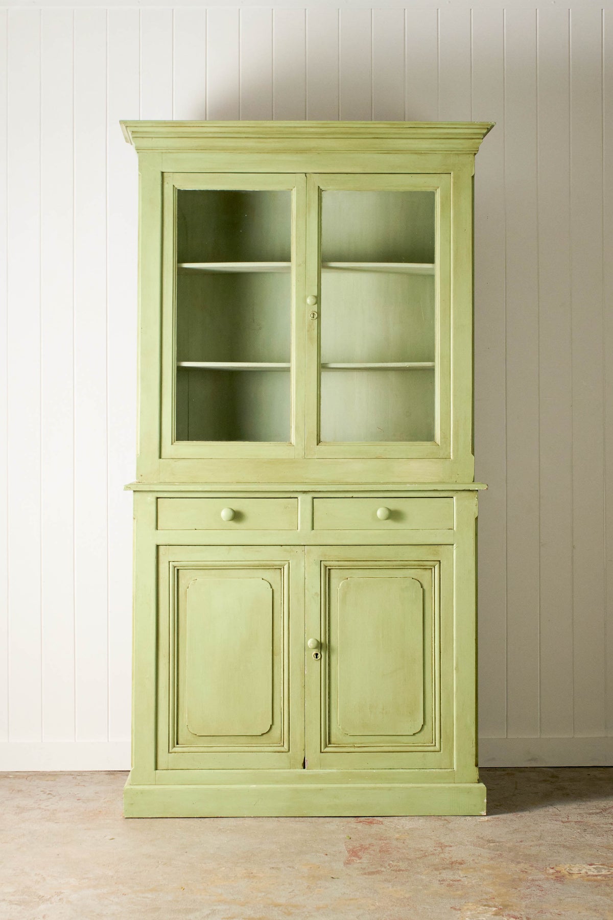 Antique English Mahogany Glass Front Cupboard with Original Glass; Later Painted Green