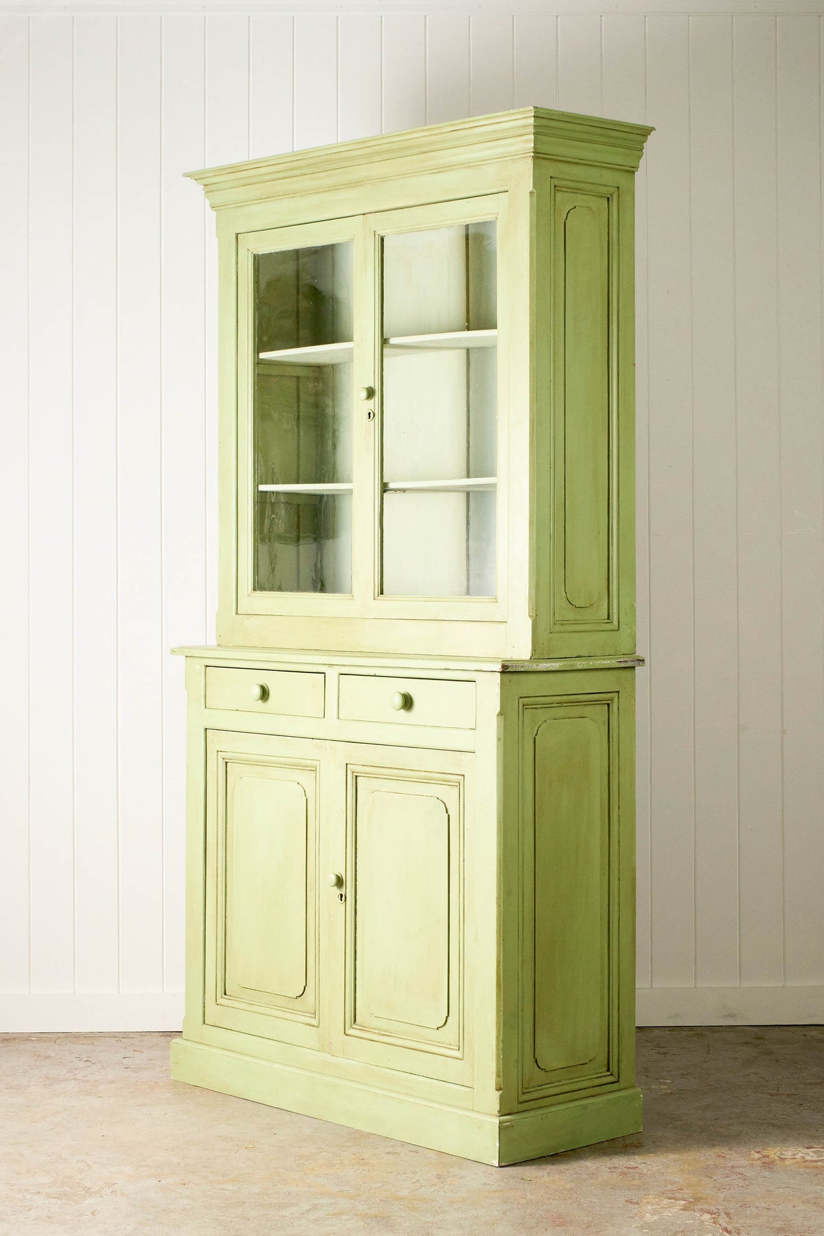 Antique English Mahogany Glass Front Cupboard with Original Glass; Later Painted Green