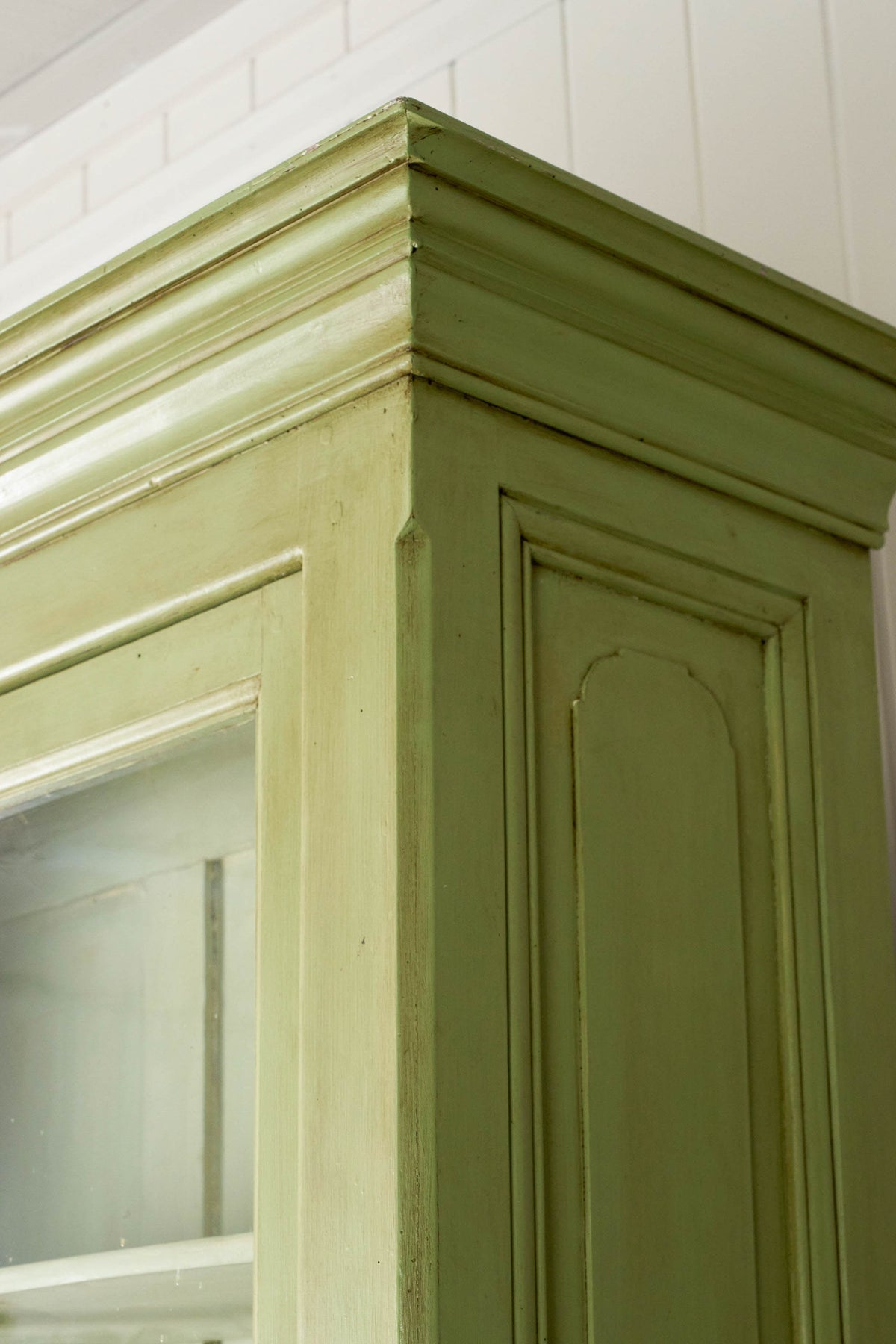 Antique English Mahogany Glass Front Cupboard with Original Glass; Later Painted Green