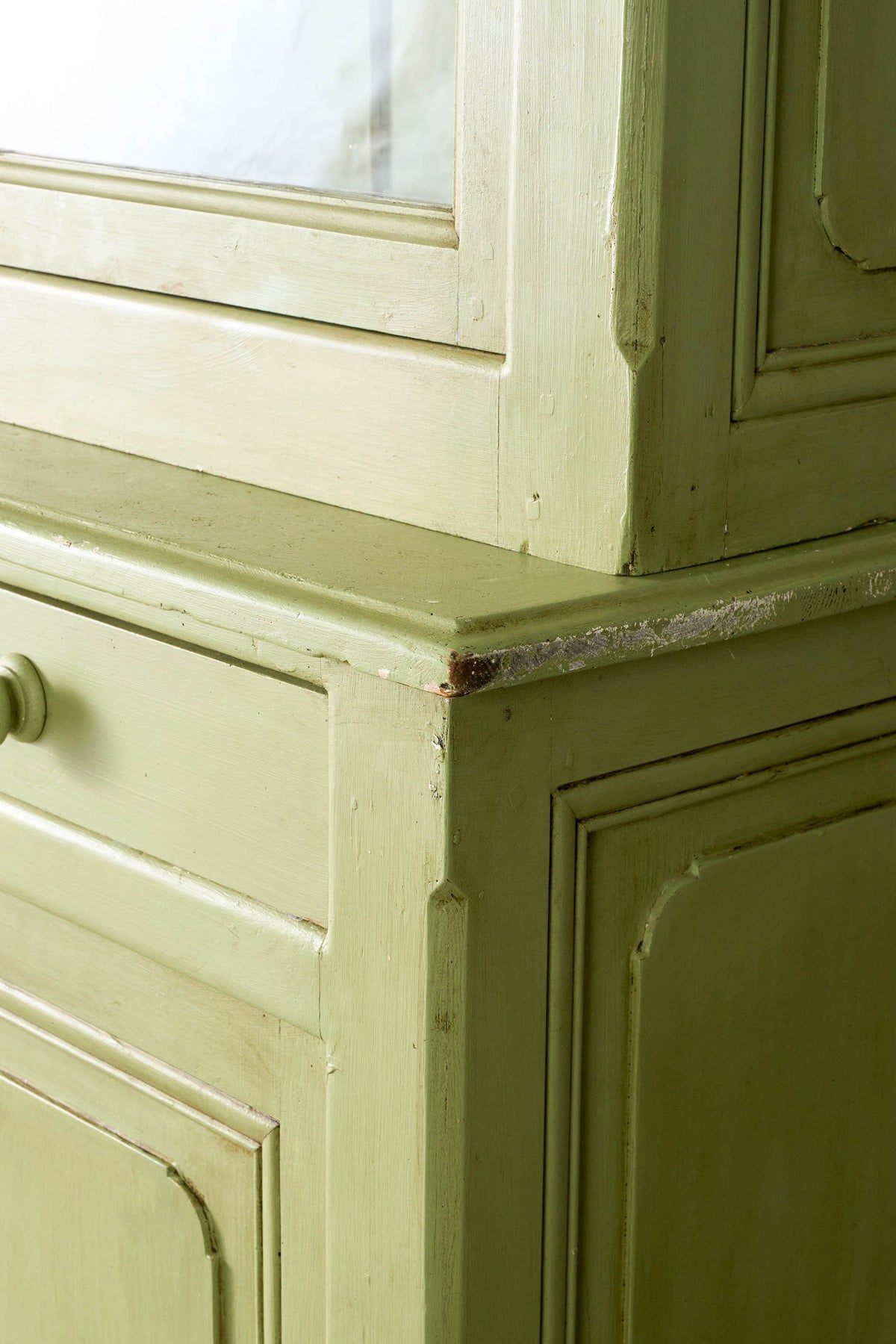 Antique English Mahogany Glass Front Cupboard with Original Glass; Later Painted Green