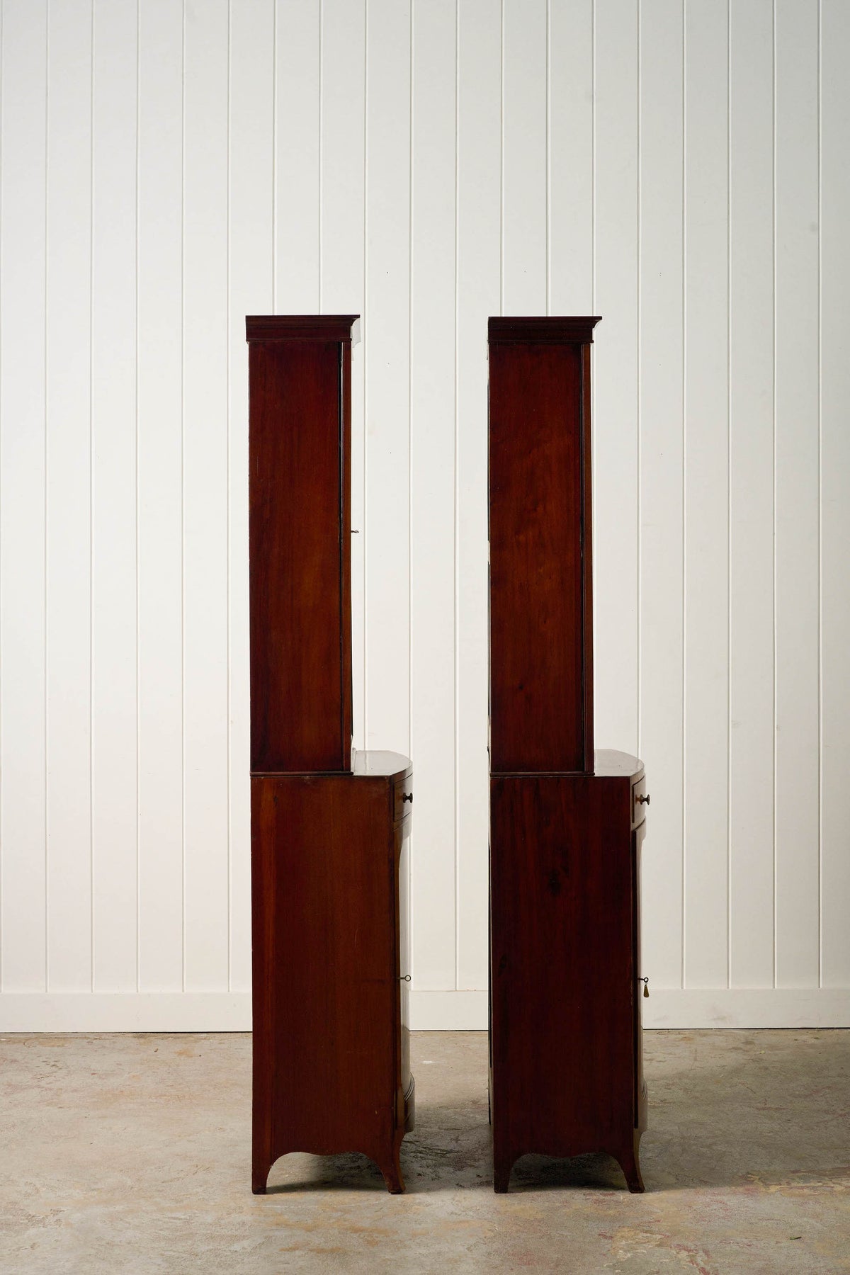 RARE PAIR of Edwardian English Mahogany Cabinets with Glass Front Toppers (c. 1900)