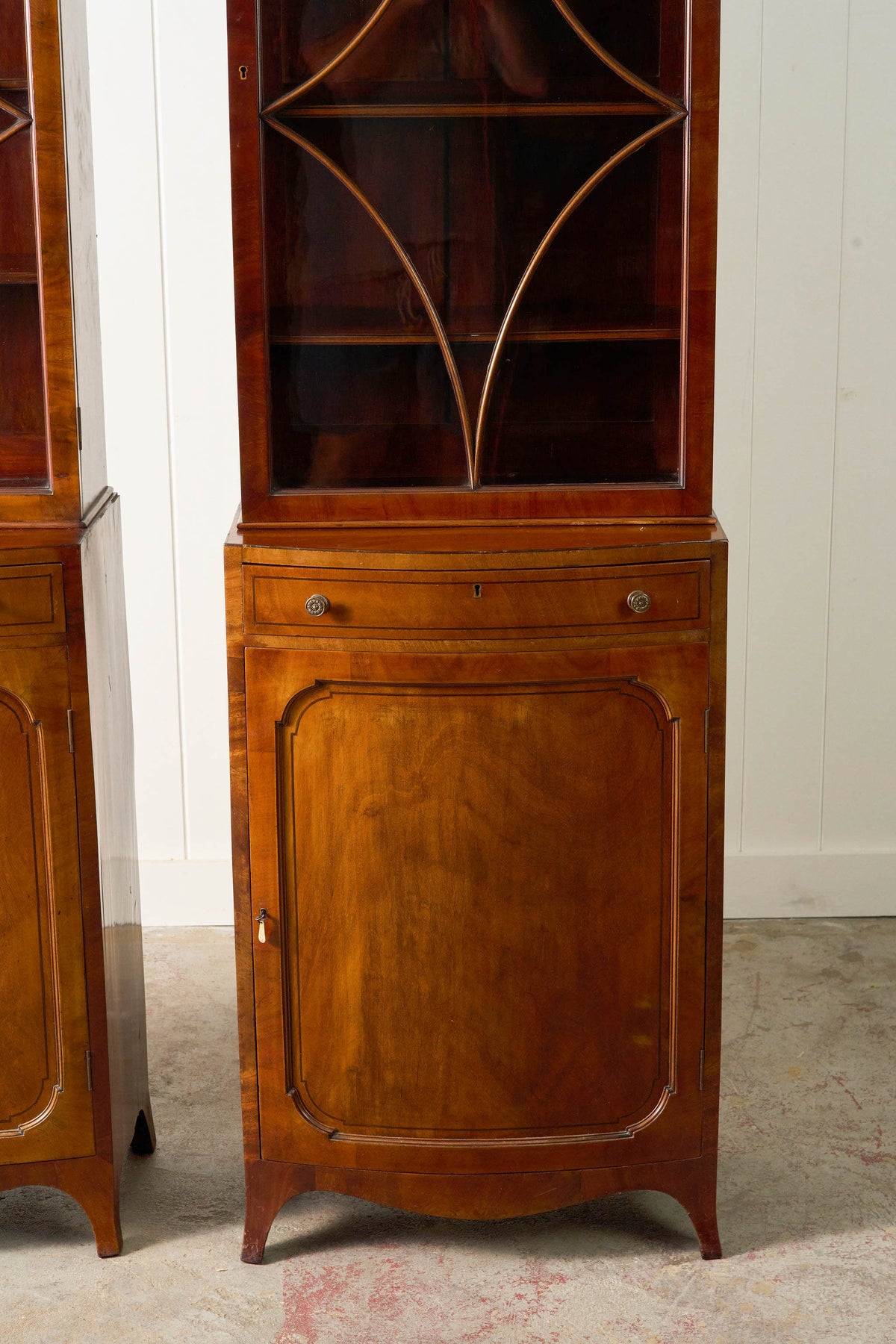 RARE PAIR of Edwardian English Mahogany Cabinets with Glass Front Toppers (c. 1900)