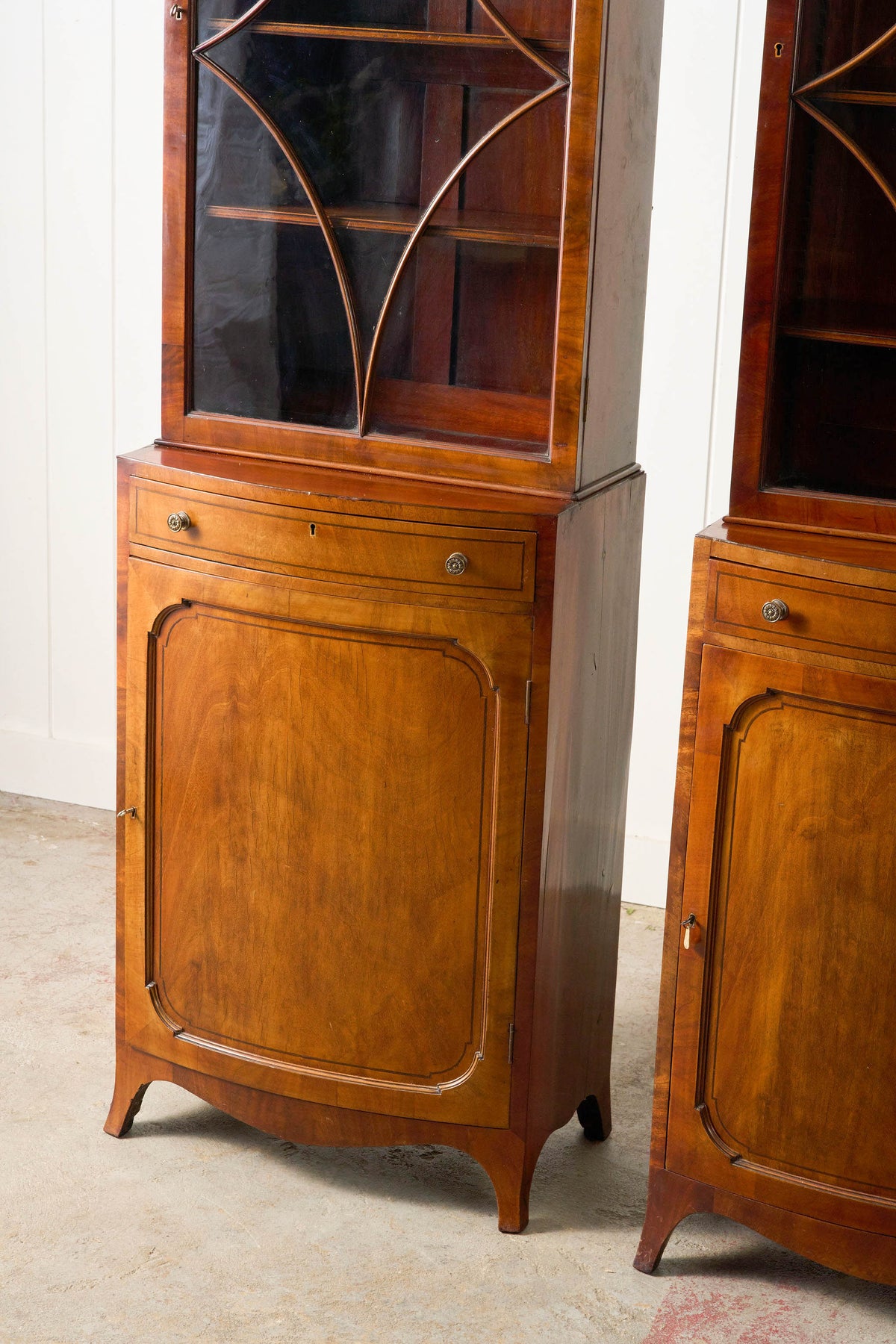 RARE PAIR of Edwardian English Mahogany Cabinets with Glass Front Toppers (c. 1900)