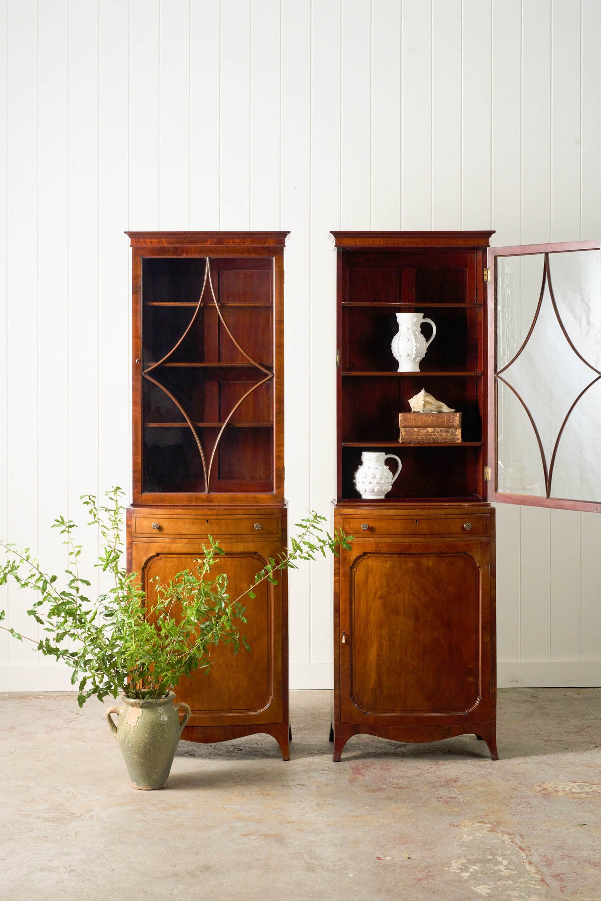 RARE PAIR of Edwardian English Mahogany Cabinets with Glass Front Toppers (c. 1900)