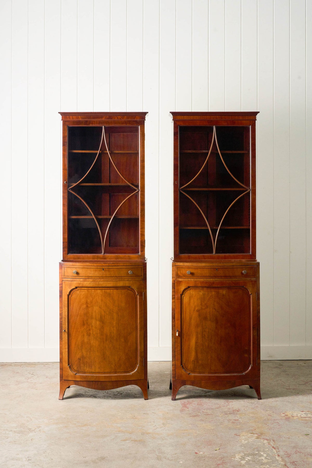 RARE PAIR of Edwardian English Mahogany Cabinets with Glass Front Toppers (c. 1900)
