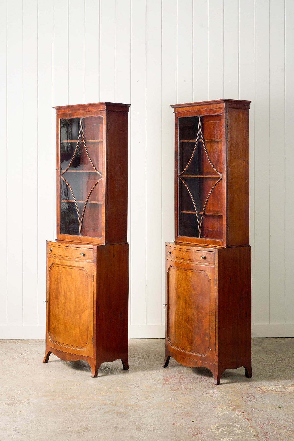 RARE PAIR of Edwardian English Mahogany Cabinets with Glass Front Toppers (c. 1900)
