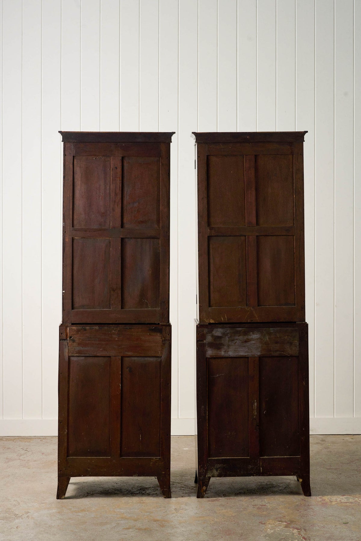 RARE PAIR of Edwardian English Mahogany Cabinets with Glass Front Toppers (c. 1900)