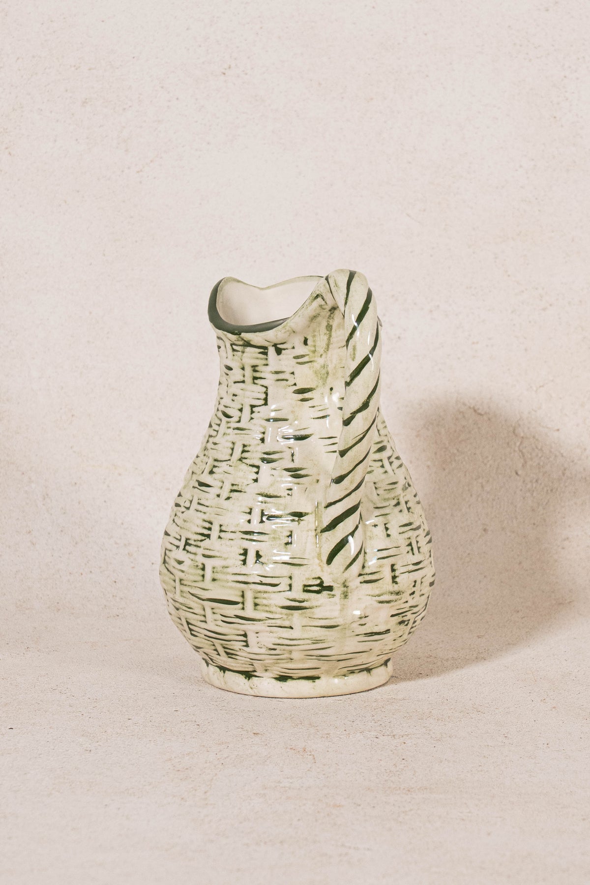 Hand Painted Green + Cream Ceramic Basketweave Pitcher