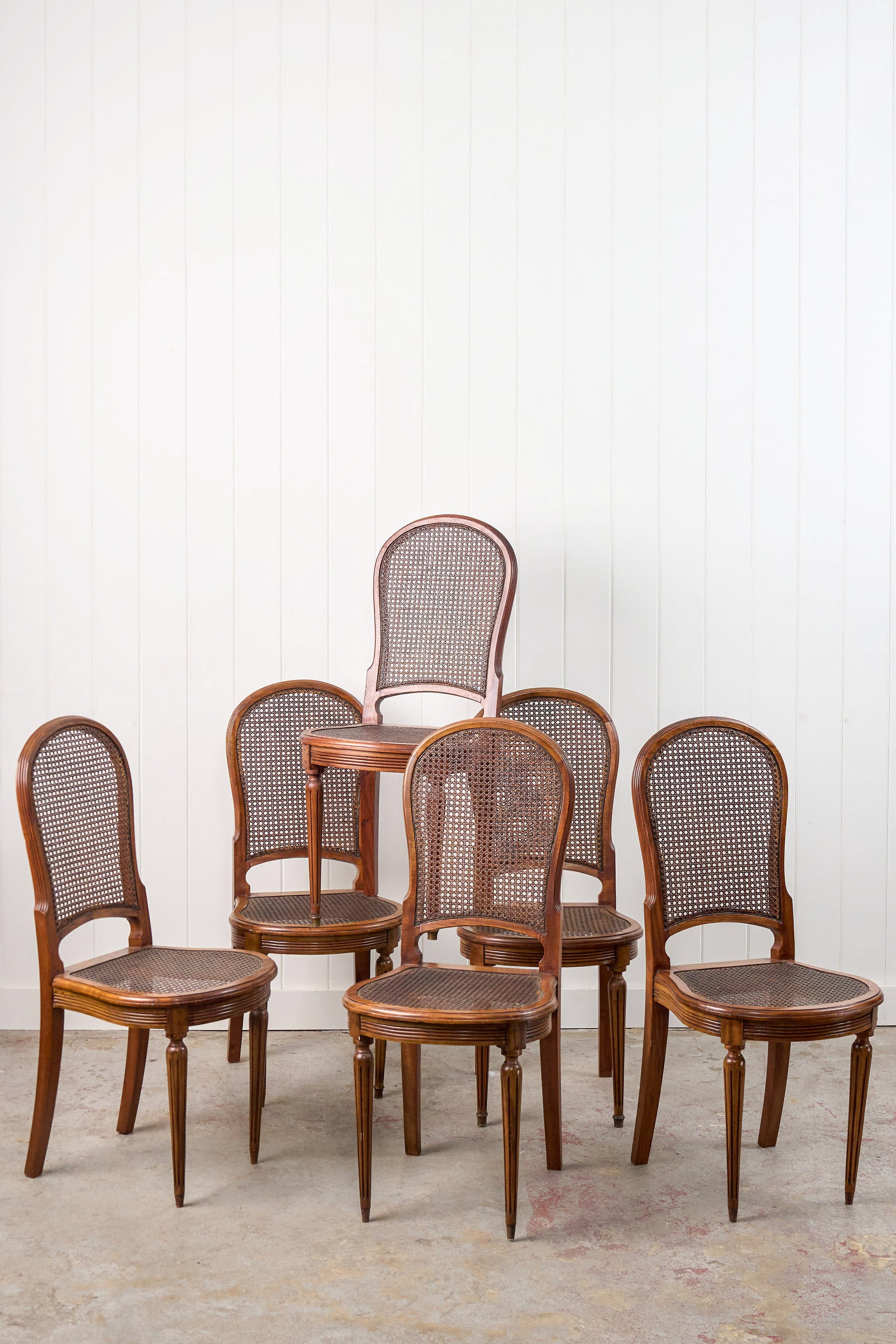 SET of 6 | French Louis XVI Style Dining Chairs with Hand Caned Seats + Backs with Fluted Legs (c. 1920)