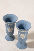 Load image into Gallery viewer, PAIR Blue Jasperware Bud Vases with Floral Motif
