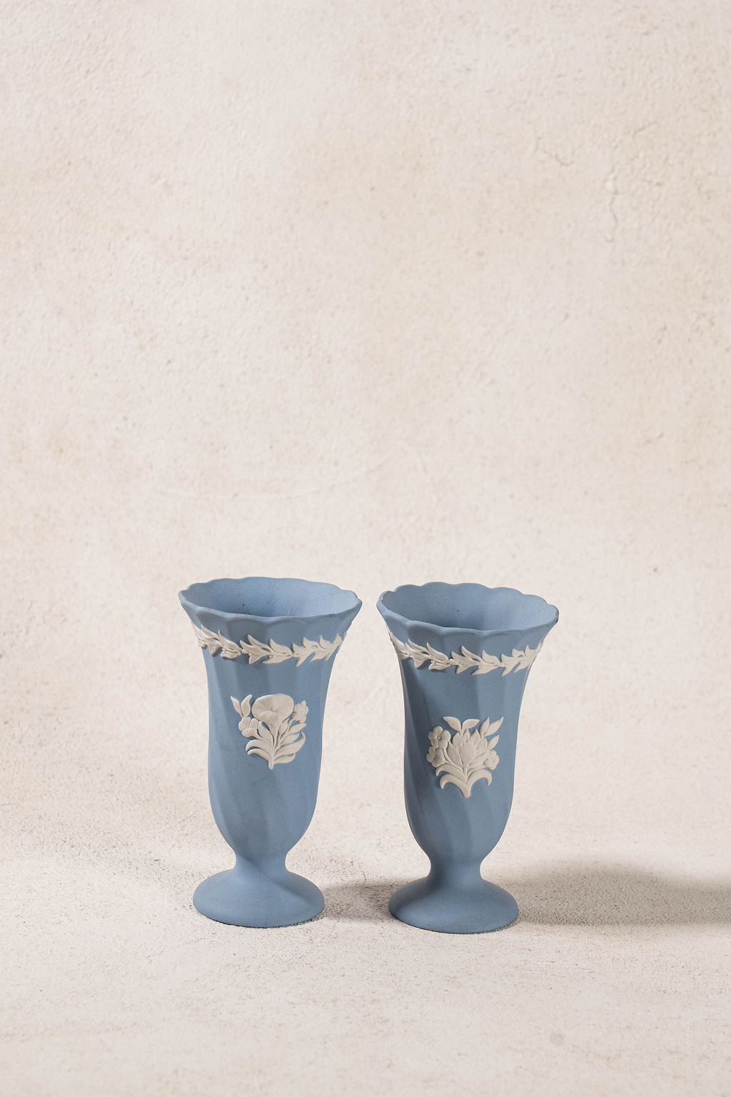 PAIR Blue Jasperware Bud Vases with Floral Motif