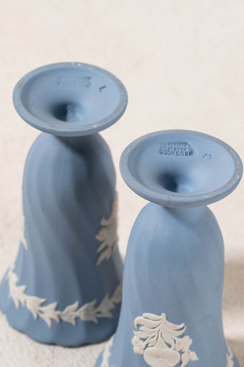 PAIR Blue Jasperware Bud Vases with Floral Motif