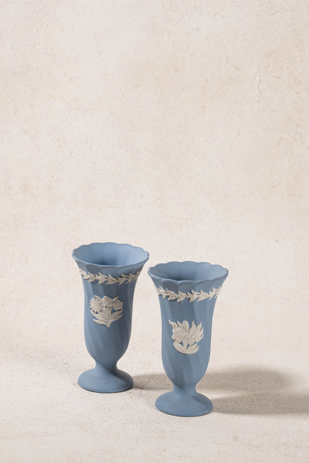 PAIR Blue Jasperware Bud Vases with Floral Motif