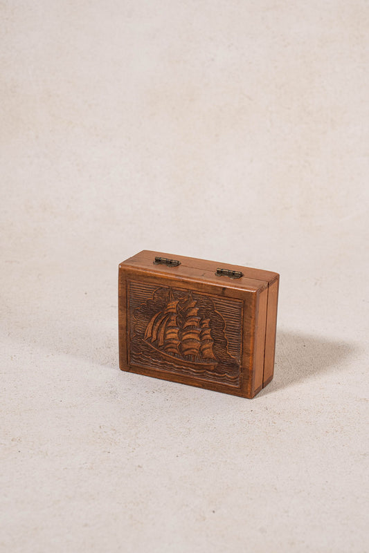 Vintage Wooden Carved Box With Sailboat