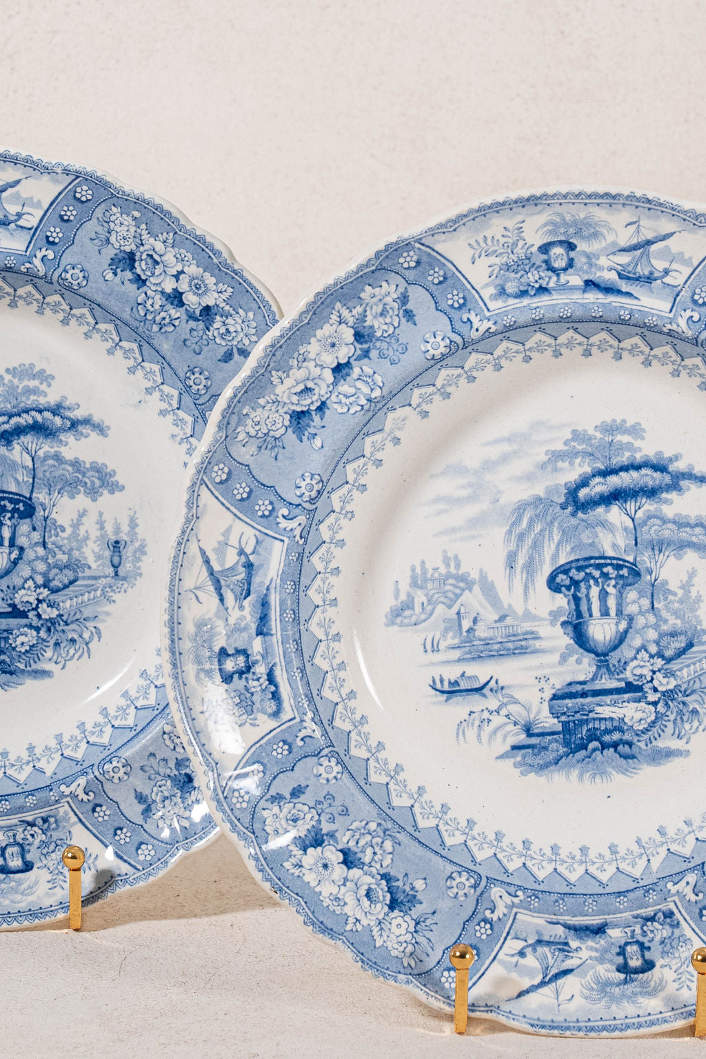 Blue + White Antique Staffordshire Shallow Pasta Bowl/Plate With Scalloped Rim + Urn Motif