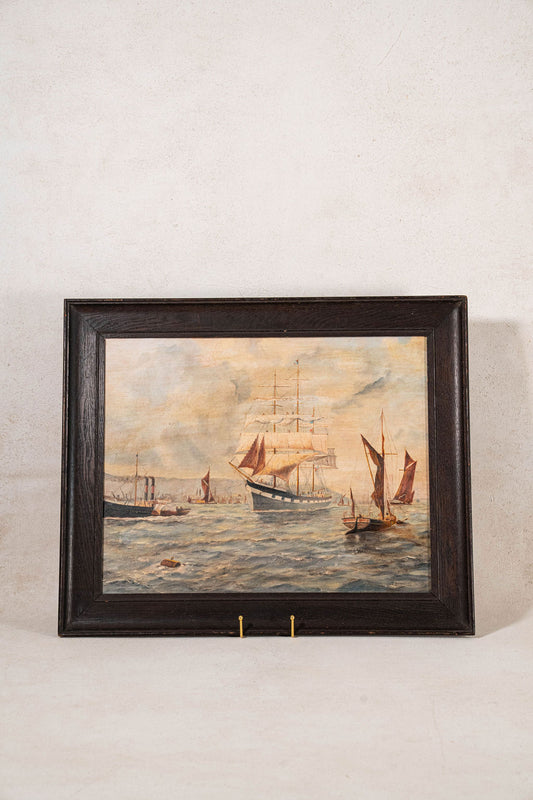 Original Framed Painting on Board of Sailboats with Red Sails | by T. Crawford