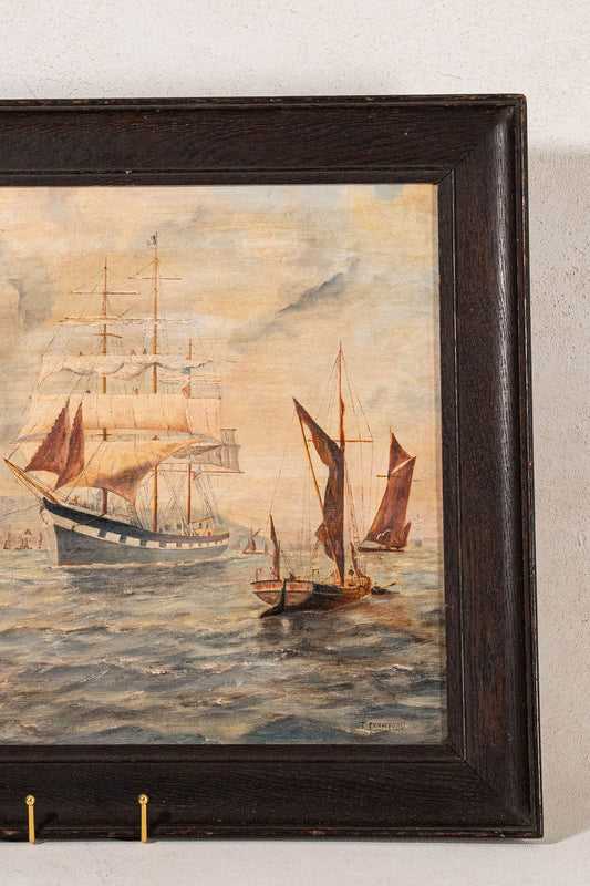 Original Framed Painting on Board of Sailboats with Red Sails | by T. Crawford