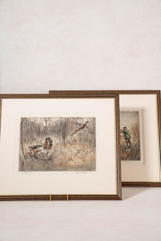 PAIR of Hand Colored English Engravings of Pheasant Hunt by Henry Wilkinson (British; signed limited edition)