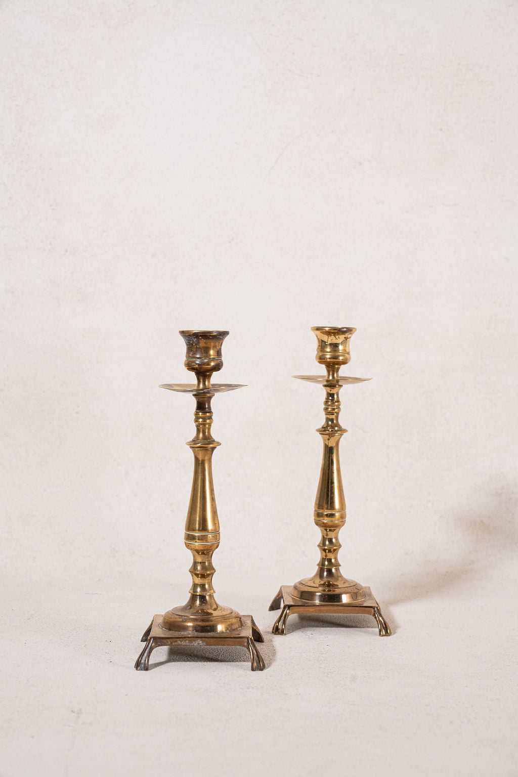 PAIR | Antique English Brass Footed Candlesticks