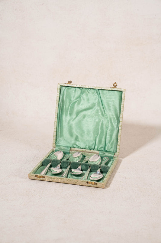 SET of 6 | English Silver Plate Spoons in Original Sage Green Box