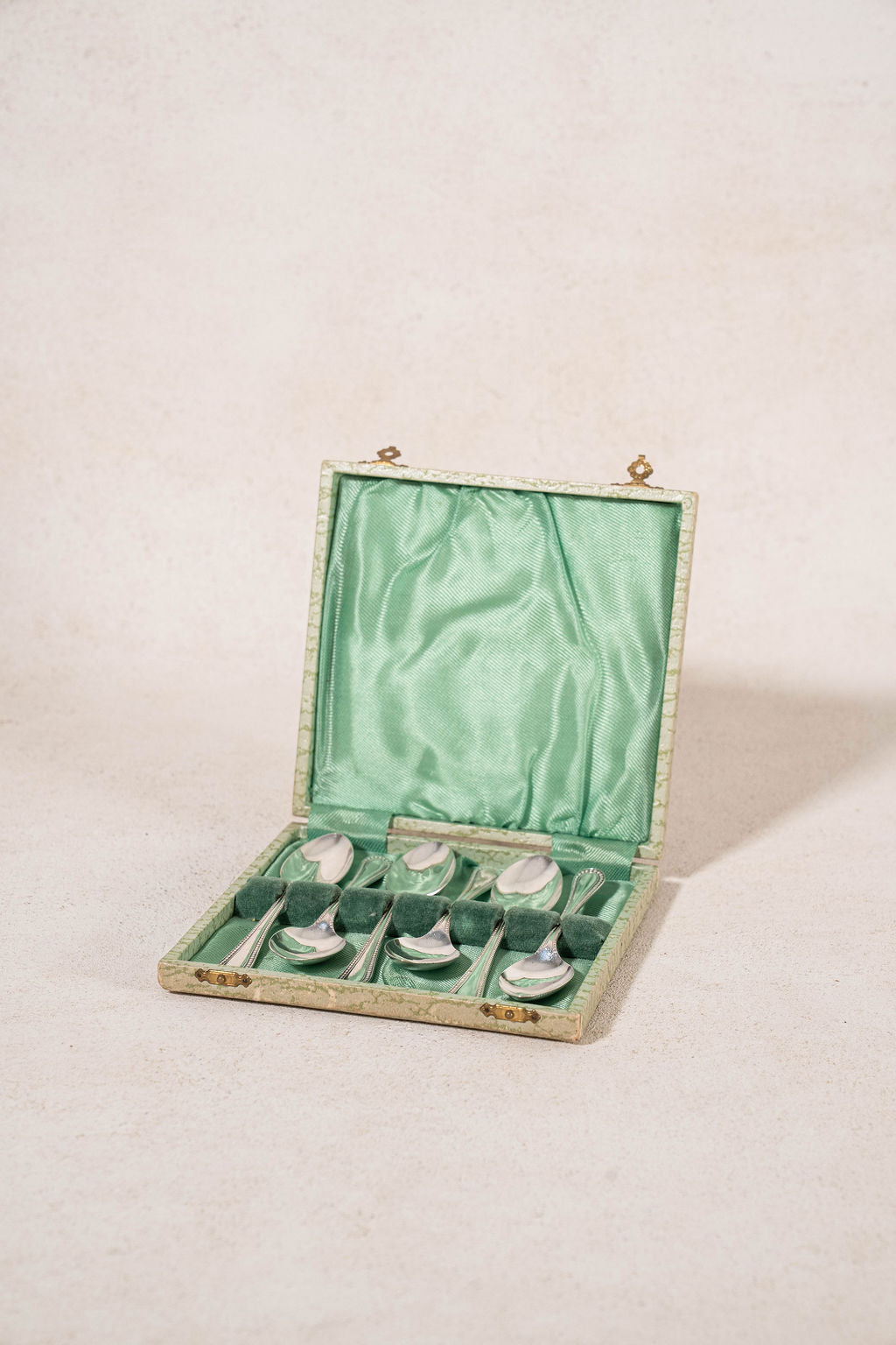 SET of 6 | English Silver Plate Spoons in Original Sage Green Box