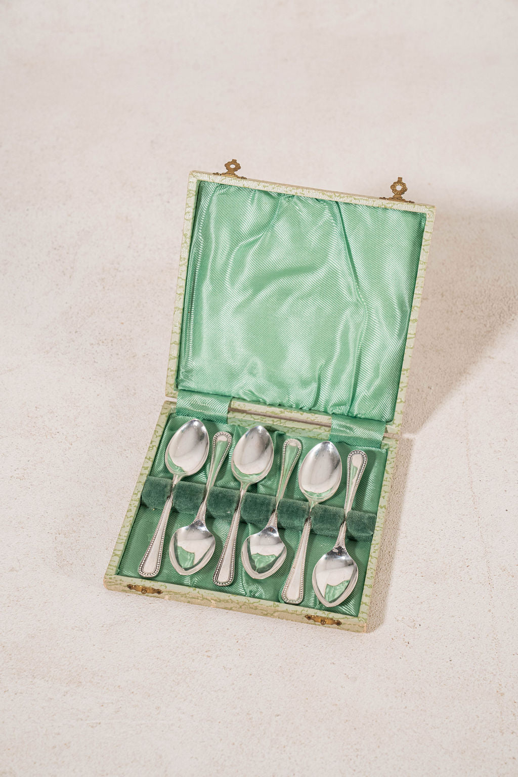 SET of 6 | English Silver Plate Spoons in Original Sage Green Box
