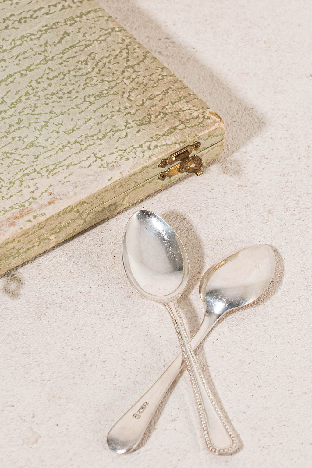 SET of 6 | English Silver Plate Spoons in Original Sage Green Box