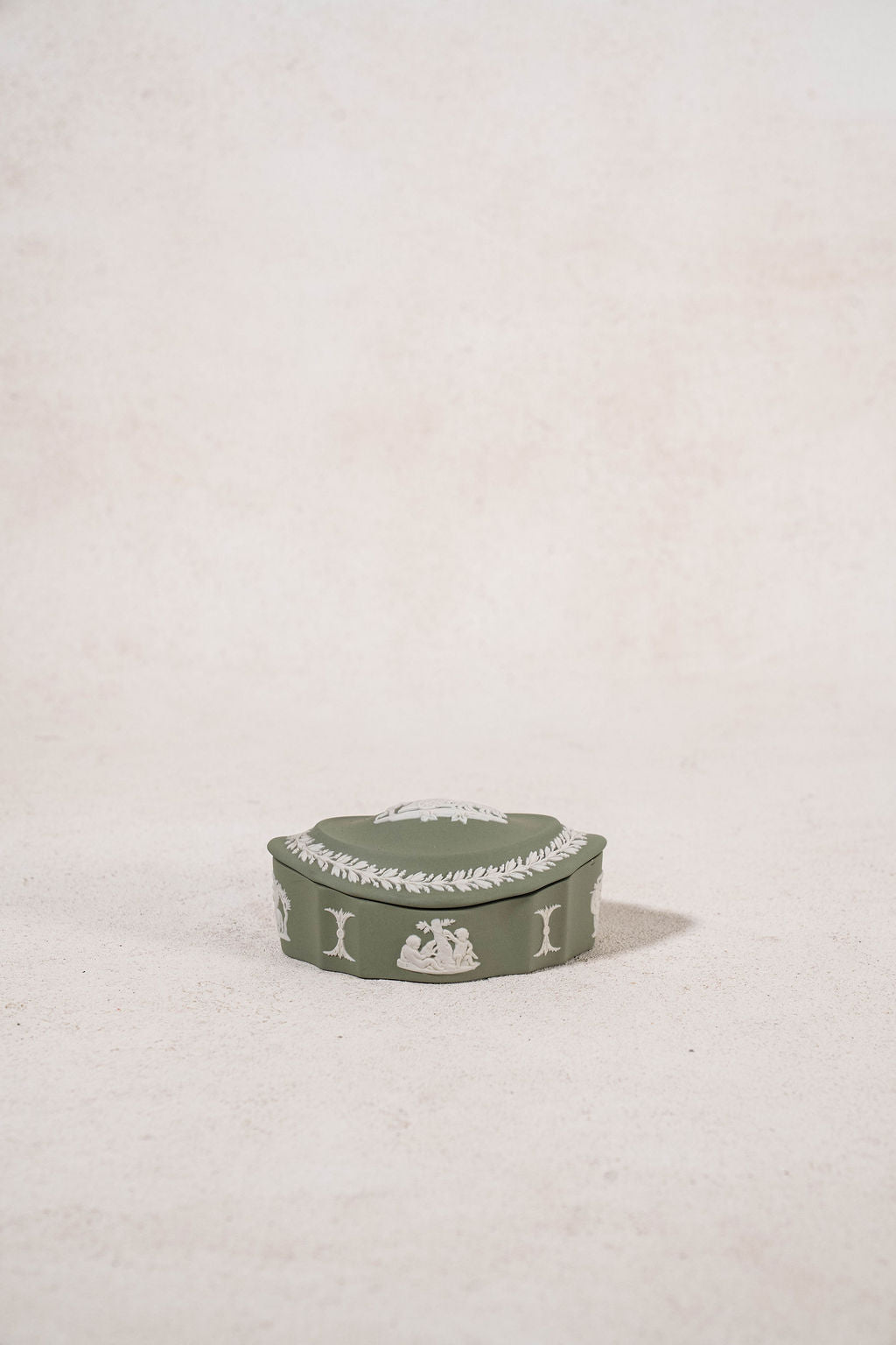 Wedgwood Sage Green Jasperware Lidded Scalloped Oval Dish